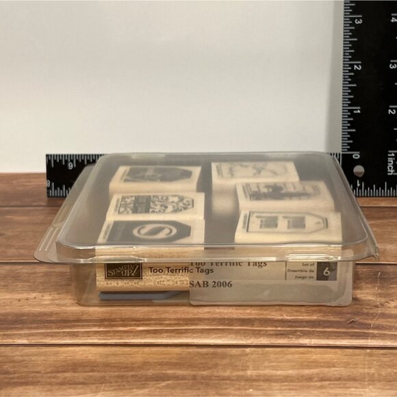106352 RETIRED Stampin Up Too Terrific Tags Wood Mount Rubber Stamp Set - Picture 2 of 4
